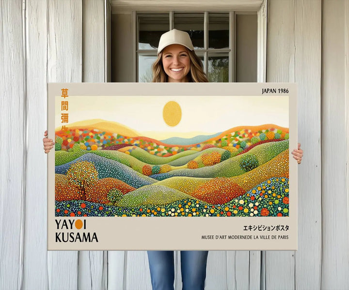 The Yayoi Kusama Wall Art Print – Wabi Sabi Japanese wall art features a vibrant abstract landscape design with dotted patterns and a bright yellow sun.