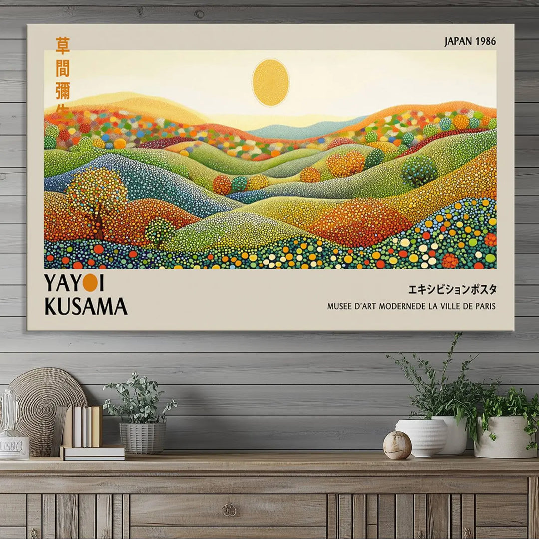 The Yayoi Kusama Wall Art Print – Wabi Sabi Japanese wall art features a vibrant abstract landscape design with dotted patterns and a bright yellow sun.