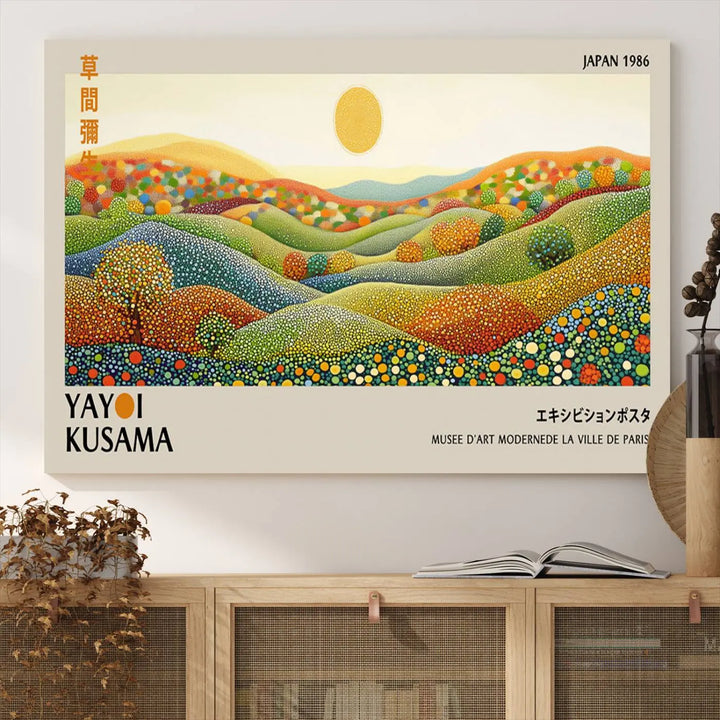 The Yayoi Kusama Wall Art Print – Wabi Sabi Japanese wall art features a vibrant abstract landscape design with dotted patterns and a bright yellow sun.