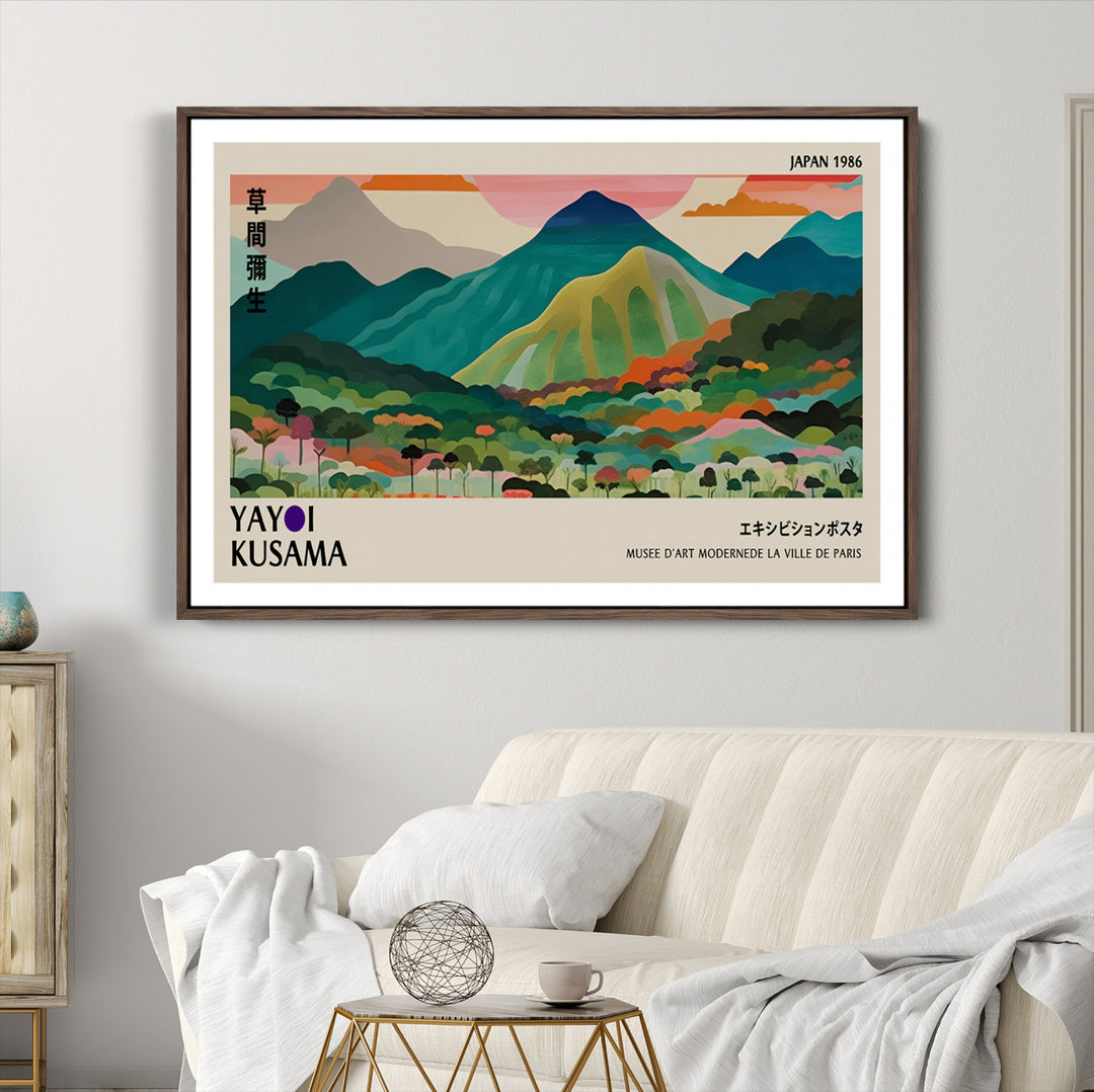 Yayoi Kusama Wall Art, Yayoi Wall Art Canvas, Vibrant Mountain Landscape Canvas Print with Bold Floral Design, Modern Botanical Artwork for