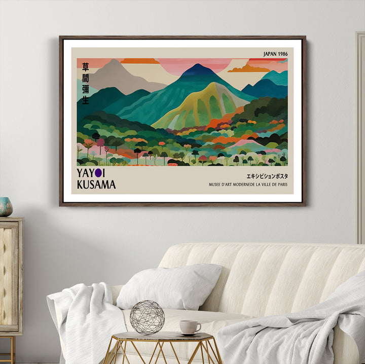 Yayoi Kusama Wall Art, Yayoi Wall Art Canvas, Vibrant Mountain Landscape Canvas Print with Bold Floral Design, Modern Botanical Artwork for
