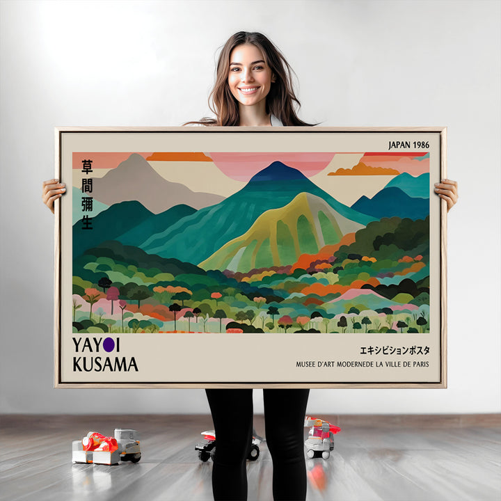 Yayoi Kusama Wall Art, Yayoi Wall Art Canvas, Vibrant Mountain Landscape Canvas Print with Bold Floral Design, Modern Botanical Artwork for