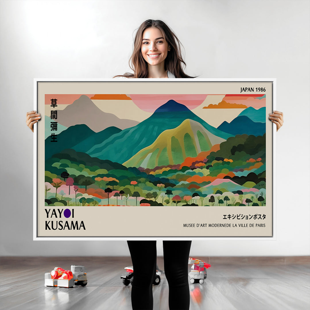 Yayoi Kusama Wall Art, Yayoi Wall Art Canvas, Vibrant Mountain Landscape Canvas Print with Bold Floral Design, Modern Botanical Artwork for