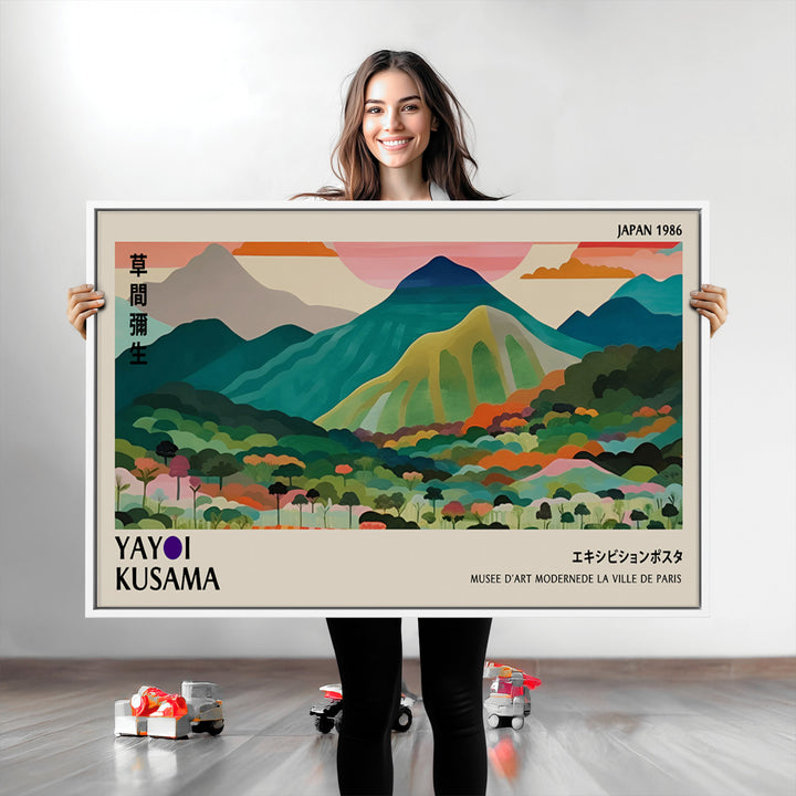 Yayoi Kusama Wall Art, Yayoi Wall Art Canvas, Vibrant Mountain Landscape Canvas Print with Bold Floral Design, Modern Botanical Artwork for