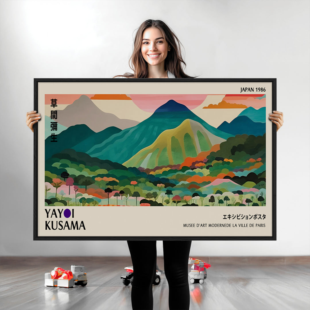 Yayoi Kusama Wall Art, Yayoi Wall Art Canvas, Vibrant Mountain Landscape Canvas Print with Bold Floral Design, Modern Botanical Artwork for
