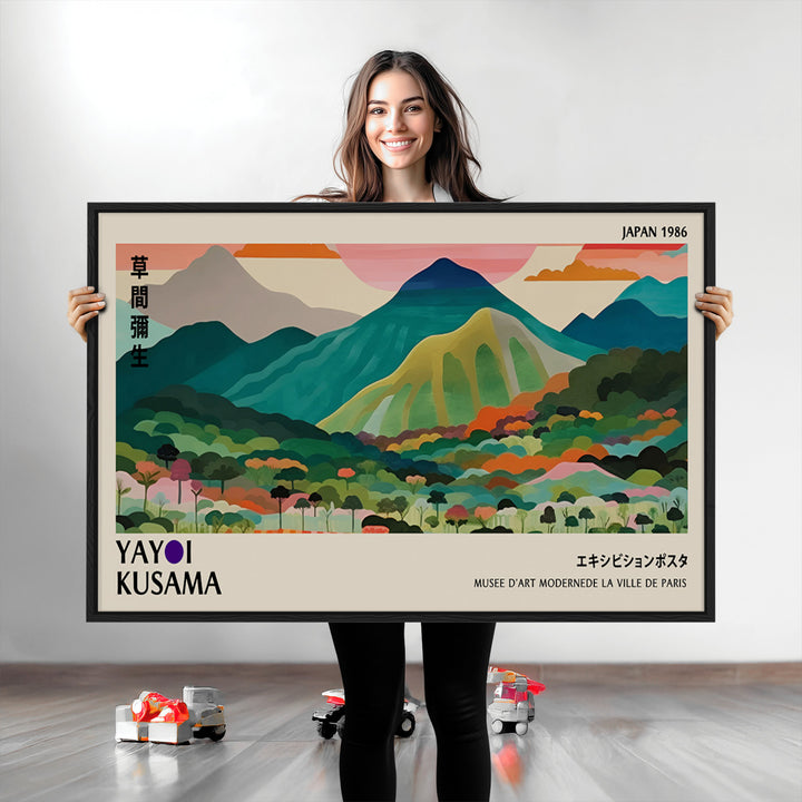 Yayoi Kusama Wall Art, Yayoi Wall Art Canvas, Vibrant Mountain Landscape Canvas Print with Bold Floral Design, Modern Botanical Artwork for