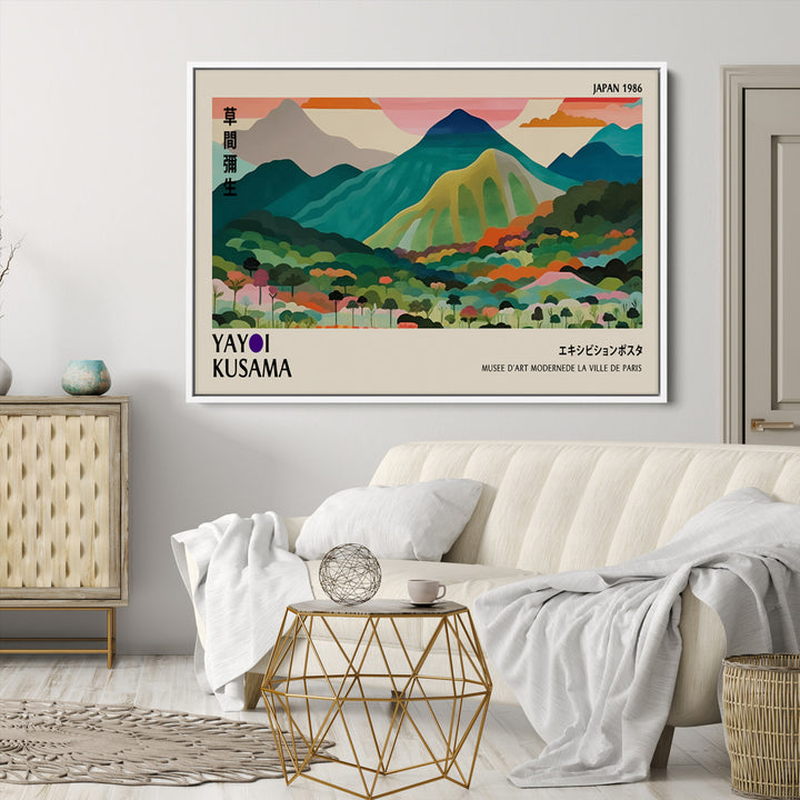 Yayoi Kusama Wall Art, Yayoi Wall Art Canvas, Vibrant Mountain Landscape Canvas Print with Bold Floral Design, Modern Botanical Artwork for