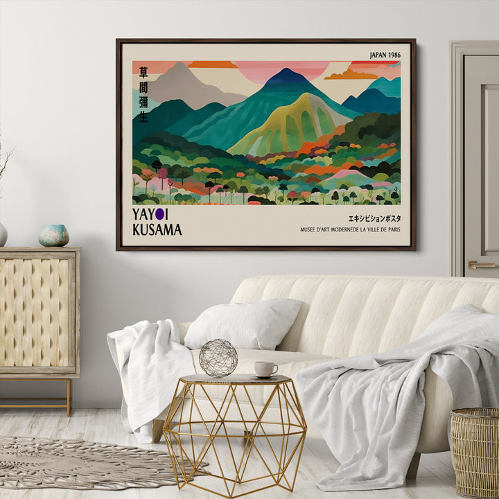 Yayoi Kusama Wall Art, Yayoi Wall Art Canvas, Vibrant Mountain Landscape Canvas Print with Bold Floral Design, Modern Botanical Artwork for