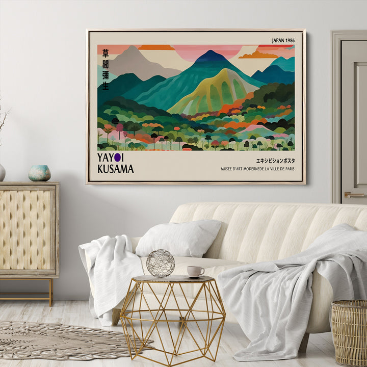Yayoi Kusama Wall Art, Yayoi Wall Art Canvas, Vibrant Mountain Landscape Canvas Print with Bold Floral Design, Modern Botanical Artwork for
