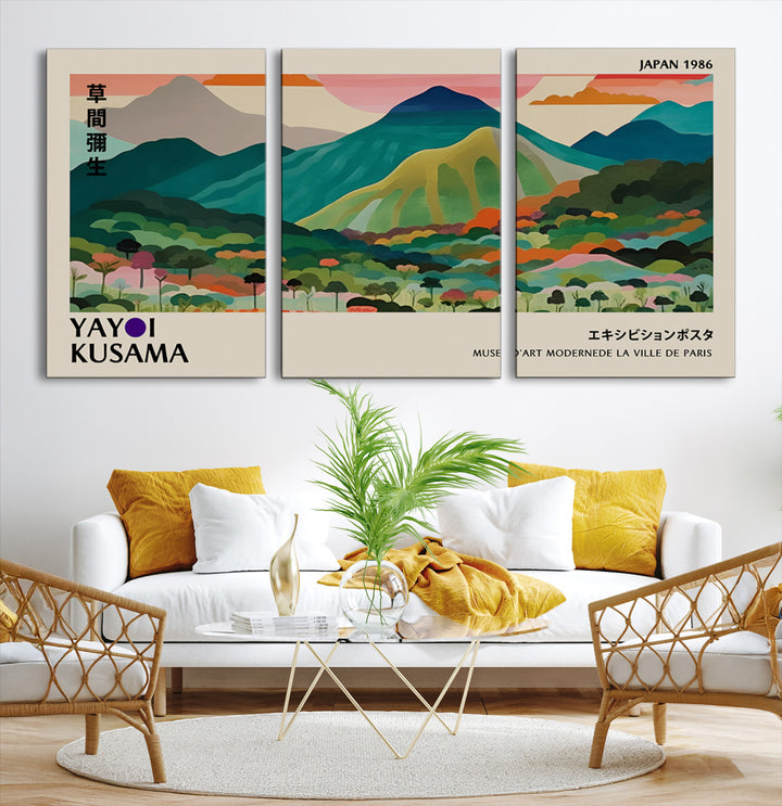 42589-MGV-CV-36X24-Yayoi Kusama Wall Art, Yayoi Wall Art Canvas, Vibrant Mountain Landscape Canvas Print with Bold Floral Design, Modern Botanical Artwork for