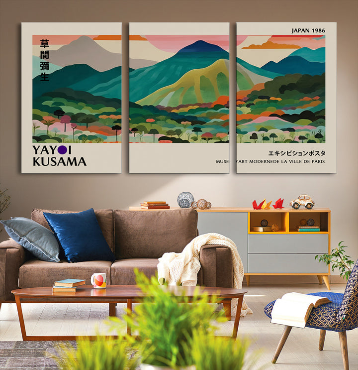 42589-MGV-CV-36X24-Yayoi Kusama Wall Art, Yayoi Wall Art Canvas, Vibrant Mountain Landscape Canvas Print with Bold Floral Design, Modern Botanical Artwork for