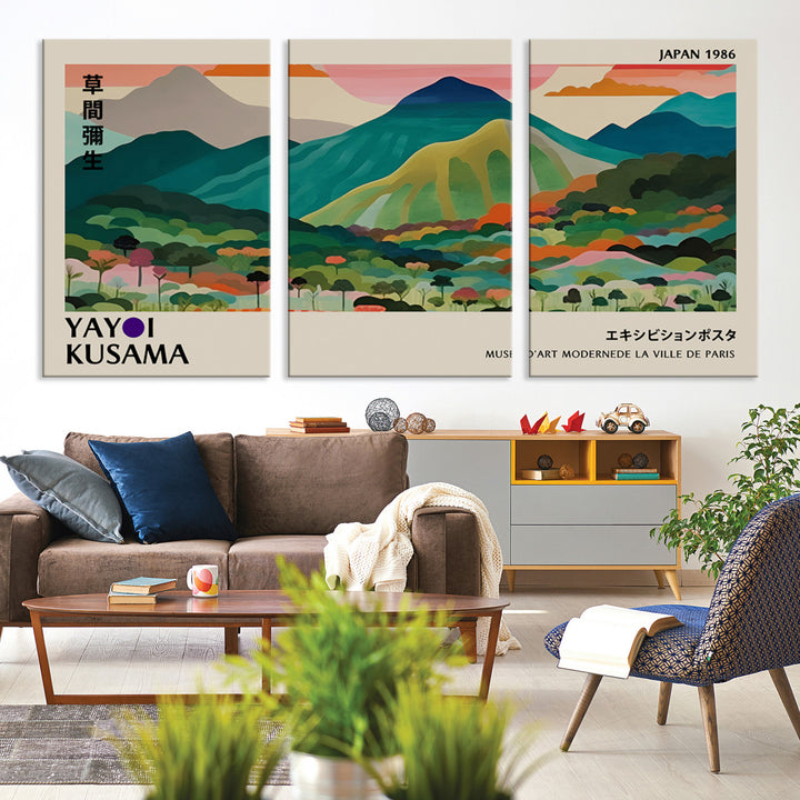 42589-MGV-CV-36X24-Yayoi Kusama Wall Art, Yayoi Wall Art Canvas, Vibrant Mountain Landscape Canvas Print with Bold Floral Design, Modern Botanical Artwork for