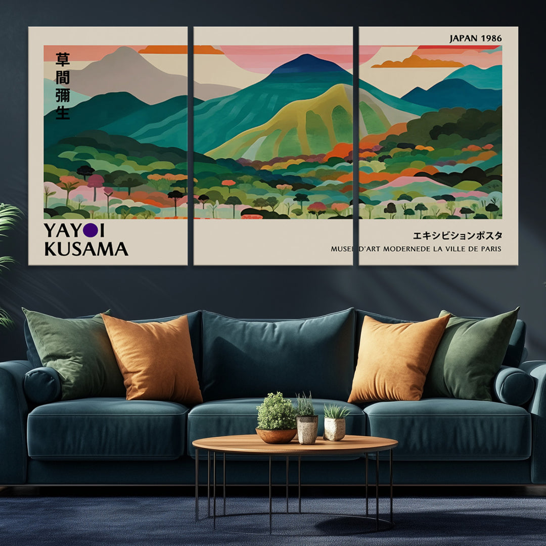 42589-MGV-CV-36X24-Yayoi Kusama Wall Art, Yayoi Wall Art Canvas, Vibrant Mountain Landscape Canvas Print with Bold Floral Design, Modern Botanical Artwork for