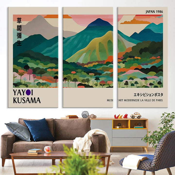 42589-MGV-CV-36X24-Yayoi Kusama Wall Art, Yayoi Wall Art Canvas, Vibrant Mountain Landscape Canvas Print with Bold Floral Design, Modern Botanical Artwork for