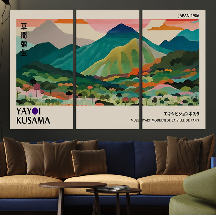 42589-MGV-CV-36X24-Yayoi Kusama Wall Art, Yayoi Wall Art Canvas, Vibrant Mountain Landscape Canvas Print with Bold Floral Design, Modern Botanical Artwork for