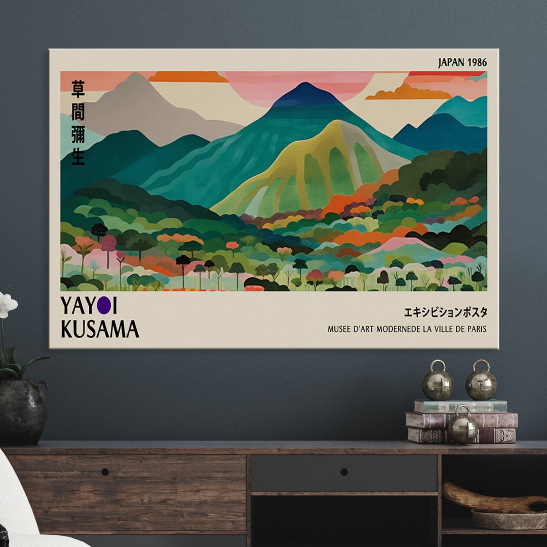 Yayoi Kusama Wall Art, Yayoi Wall Art Canvas, Vibrant Mountain Landscape Canvas Print with Bold Floral Design, Modern Botanical Artwork for