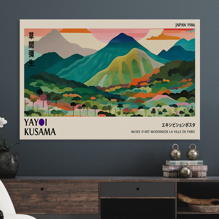 Yayoi Kusama Wall Art, Yayoi Wall Art Canvas, Vibrant Mountain Landscape Canvas Print with Bold Floral Design, Modern Botanical Artwork for