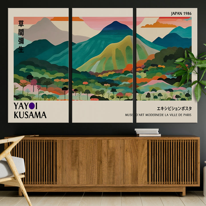 42589-MGV-CV-36X24-Yayoi Kusama Wall Art, Yayoi Wall Art Canvas, Vibrant Mountain Landscape Canvas Print with Bold Floral Design, Modern Botanical Artwork for