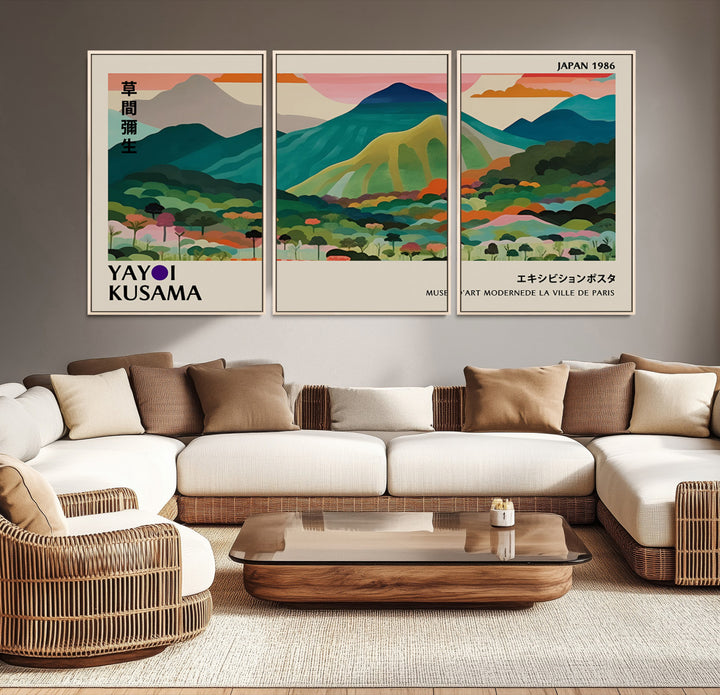 42589-MGV-CV-36X24-Yayoi Kusama Wall Art, Yayoi Wall Art Canvas, Vibrant Mountain Landscape Canvas Print with Bold Floral Design, Modern Botanical Artwork for