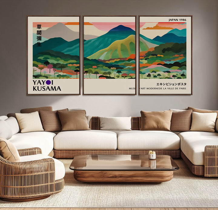 42589-MGV-CV-36X24-Yayoi Kusama Wall Art, Yayoi Wall Art Canvas, Vibrant Mountain Landscape Canvas Print with Bold Floral Design, Modern Botanical Artwork for