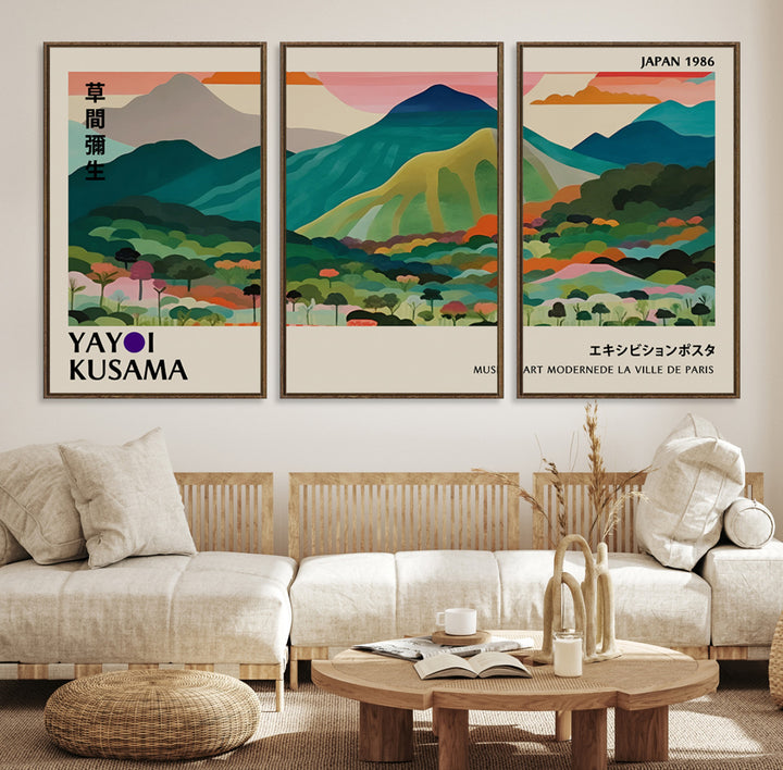 42589-MGV-CV-36X24-Yayoi Kusama Wall Art, Yayoi Wall Art Canvas, Vibrant Mountain Landscape Canvas Print with Bold Floral Design, Modern Botanical Artwork for