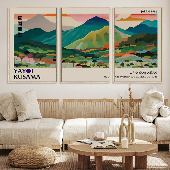 42589-MGV-CV-36X24-Yayoi Kusama Wall Art, Yayoi Wall Art Canvas, Vibrant Mountain Landscape Canvas Print with Bold Floral Design, Modern Botanical Artwork for