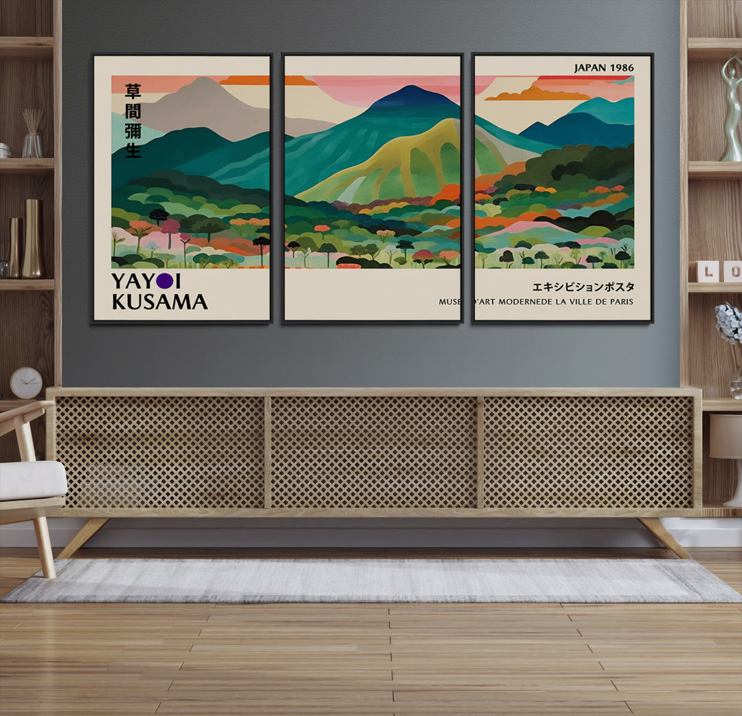 42589-MGV-CV-36X24-Yayoi Kusama Wall Art, Yayoi Wall Art Canvas, Vibrant Mountain Landscape Canvas Print with Bold Floral Design, Modern Botanical Artwork for