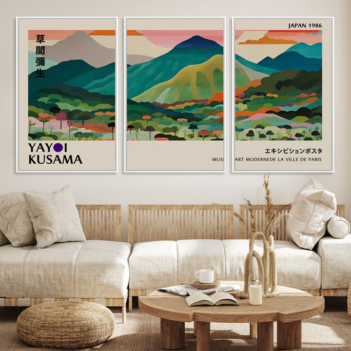 42589-MGV-CV-36X24-Yayoi Kusama Wall Art, Yayoi Wall Art Canvas, Vibrant Mountain Landscape Canvas Print with Bold Floral Design, Modern Botanical Artwork for