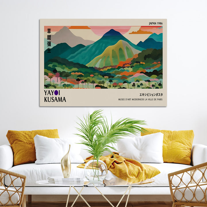 Yayoi Kusama Wall Art, Yayoi Wall Art Canvas, Vibrant Mountain Landscape Canvas Print with Bold Floral Design, Modern Botanical Artwork for