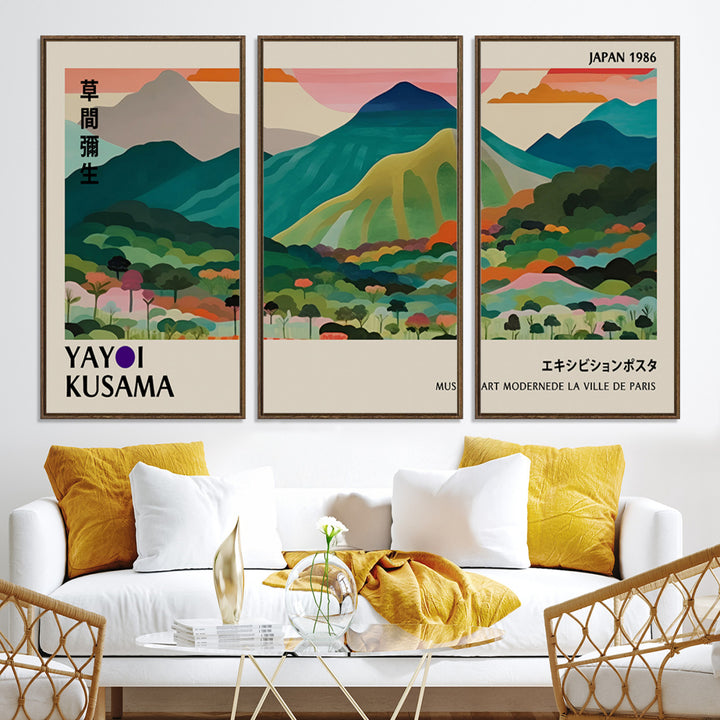42589-MGV-CV-36X24-Yayoi Kusama Wall Art, Yayoi Wall Art Canvas, Vibrant Mountain Landscape Canvas Print with Bold Floral Design, Modern Botanical Artwork for