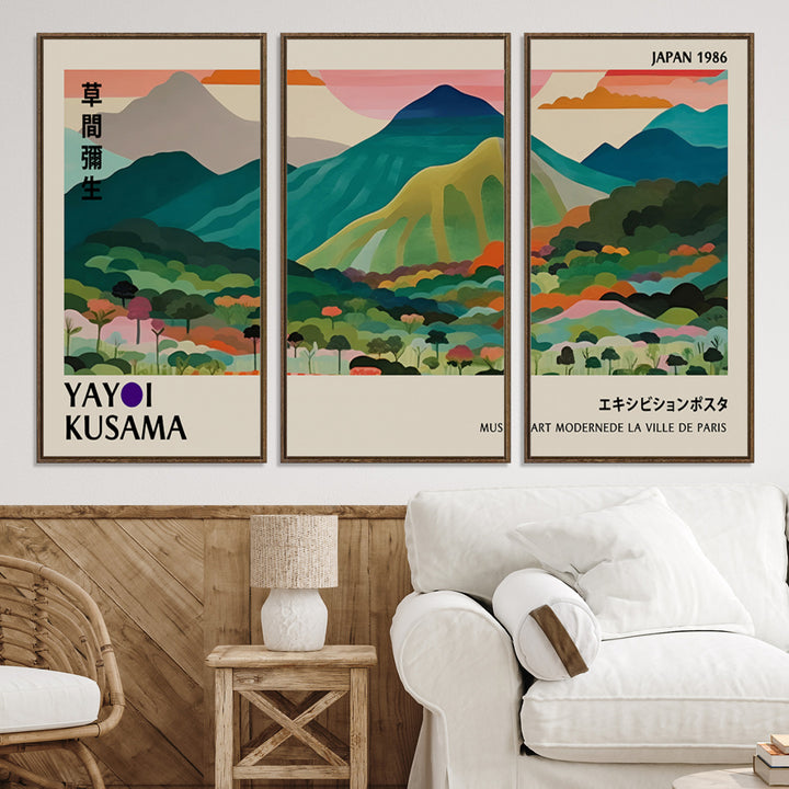 42589-MGV-CV-36X24-Yayoi Kusama Wall Art, Yayoi Wall Art Canvas, Vibrant Mountain Landscape Canvas Print with Bold Floral Design, Modern Botanical Artwork for