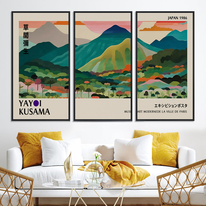 42589-MGV-CV-36X24-Yayoi Kusama Wall Art, Yayoi Wall Art Canvas, Vibrant Mountain Landscape Canvas Print with Bold Floral Design, Modern Botanical Artwork for