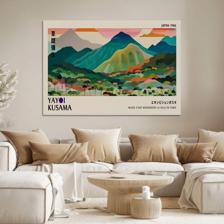 Yayoi Kusama Wall Art, Yayoi Wall Art Canvas, Vibrant Mountain Landscape Canvas Print with Bold Floral Design, Modern Botanical Artwork for
