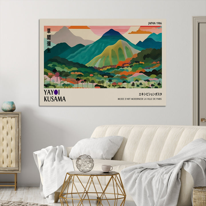 Yayoi Kusama Wall Art, Yayoi Wall Art Canvas, Vibrant Mountain Landscape Canvas Print with Bold Floral Design, Modern Botanical Artwork for