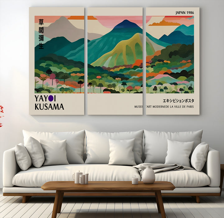 42589-MGV-CV-48X32-3P-Yayoi Kusama Wall Art, Yayoi Wall Art Canvas, Vibrant Mountain Landscape Canvas Print with Bold Floral Design, Modern Botanical Artwork for