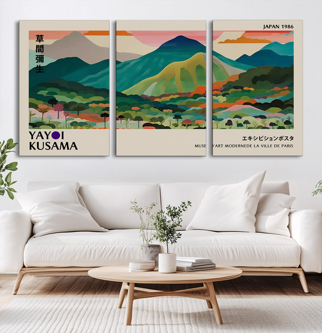 42589-MGV-CV-60X30-3P-Yayoi Kusama Wall Art, Yayoi Wall Art Canvas, Vibrant Mountain Landscape Canvas Print with Bold Floral Design, Modern Botanical Artwork for