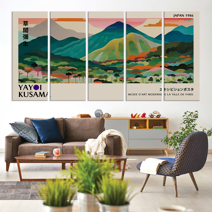 42589-MGV-CV-60X31-5P-Yayoi Kusama Wall Art, Yayoi Wall Art Canvas, Vibrant Mountain Landscape Canvas Print with Bold Floral Design, Modern Botanical Artwork for