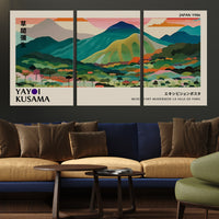 Yayoi Kusama Wall Art, Yayoi Wall Art Canvas, Vibrant Mountain Landscape Canvas Print with Bold Floral Design, Modern Botanical Artwork for