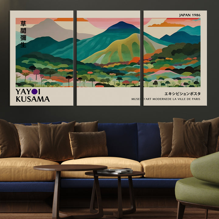 Yayoi Kusama Wall Art, Yayoi Wall Art Canvas, Vibrant Mountain Landscape Canvas Print with Bold Floral Design, Modern Botanical Artwork for