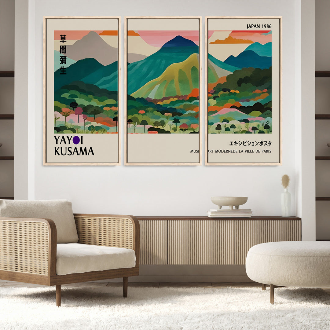 42589-MGV-FC-48X32-3P_Natural-Yayoi Kusama Wall Art, Yayoi Wall Art Canvas, Vibrant Mountain Landscape Canvas Print with Bold Floral Design, Modern Botanical Artwork for