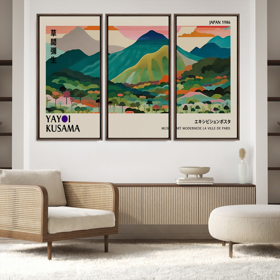 42589-MGV-FC-48X32-3P_Walnut-Yayoi Kusama Wall Art, Yayoi Wall Art Canvas, Vibrant Mountain Landscape Canvas Print with Bold Floral Design, Modern Botanical Artwork for