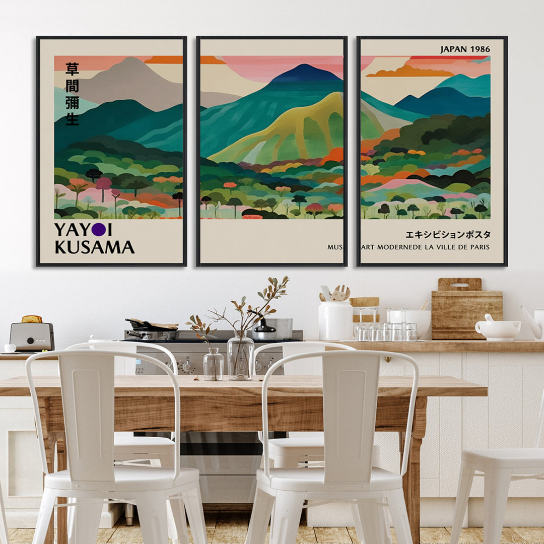 42589-MGV-FC-60X30-3P_Black-Yayoi Kusama Wall Art, Yayoi Wall Art Canvas, Vibrant Mountain Landscape Canvas Print with Bold Floral Design, Modern Botanical Artwork for