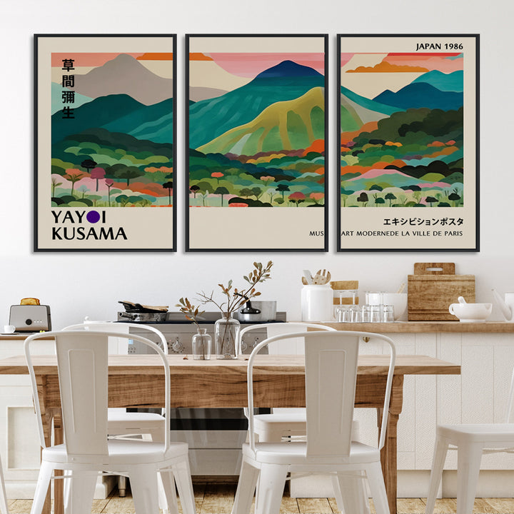 42589-MGV-FC-60X30-3P_Black-Yayoi Kusama Wall Art, Yayoi Wall Art Canvas, Vibrant Mountain Landscape Canvas Print with Bold Floral Design, Modern Botanical Artwork for