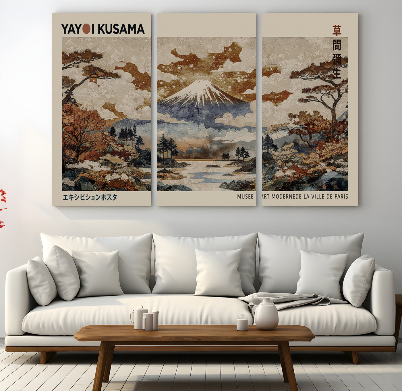 11778299-MGV-CV-48X32-3P-Yayoi Wall Art: Transform Your Space, Modern Japanese Wall Art Print Yayoi Kusama Canvas Wall Art Abstract Mount Fuji Canvas Print Japanese