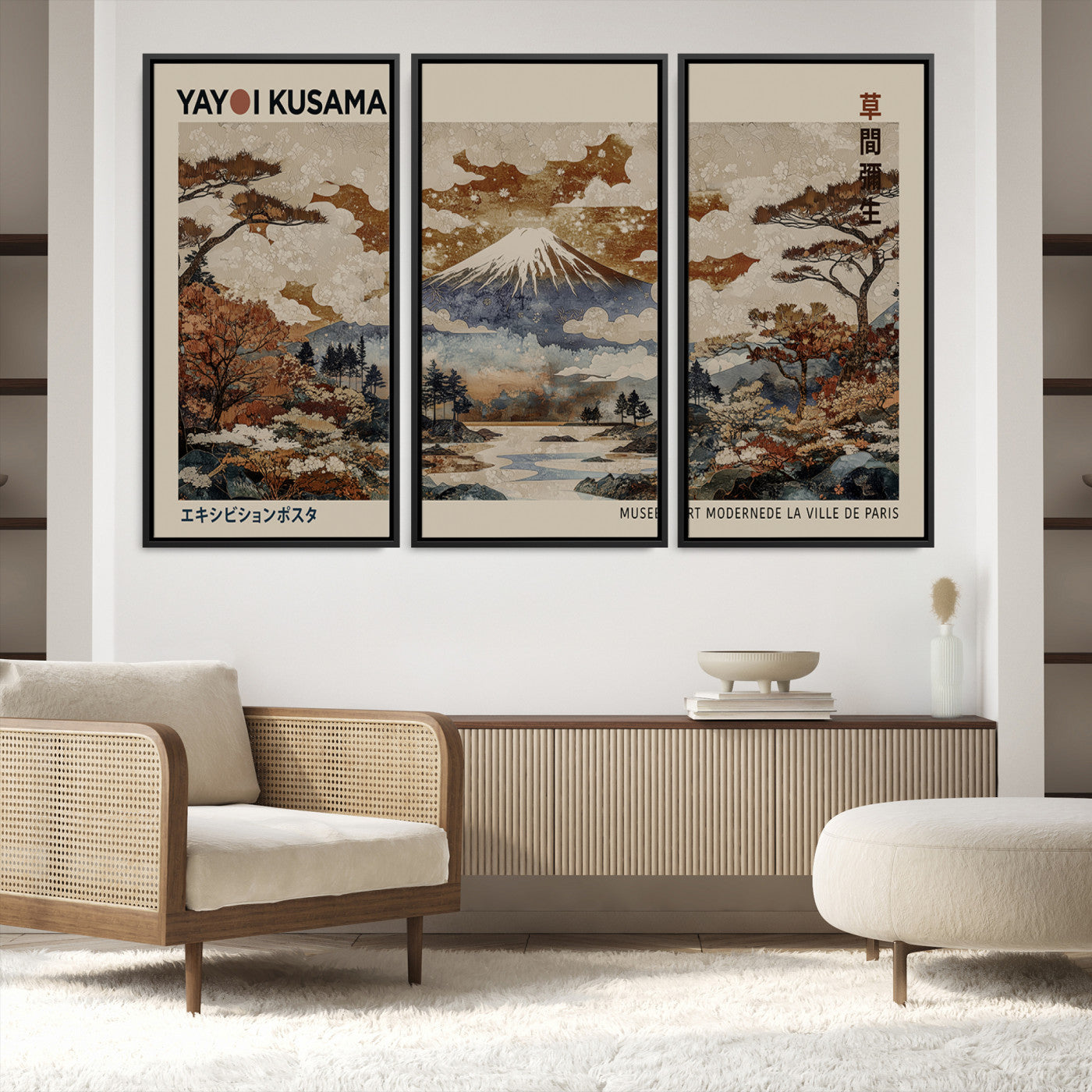 11778299-MGV-FC-48X32-3P_Black-Yayoi Wall Art: Transform Your Space, Modern Japanese Wall Art Print Yayoi Kusama Canvas Wall Art Abstract Mount Fuji Canvas Print Japanese
