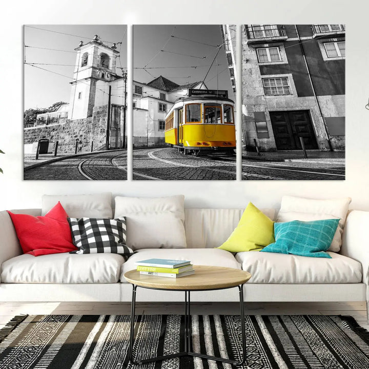 The *Yellow Lisbon Tram Canvas Wall Art Print*, a black and white photo, is displayed on a museum-quality canvas, all gallery wrapped for an elegant finish.