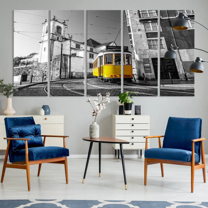 The *Yellow Lisbon Tram Canvas Wall Art Print*, a black and white photo, is displayed on a museum-quality canvas, all gallery wrapped for an elegant finish.