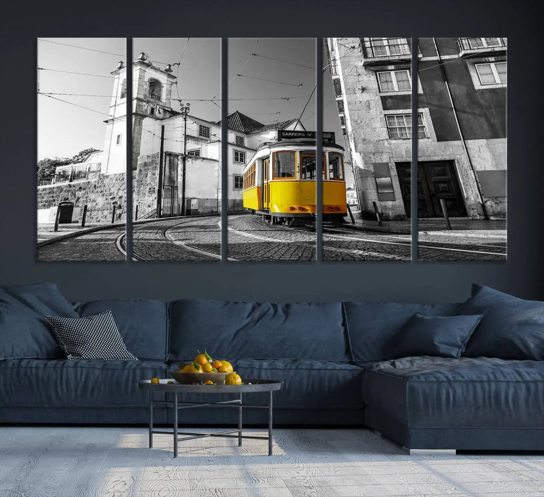 The *Yellow Lisbon Tram Canvas Wall Art Print*, a black and white photo, is displayed on a museum-quality canvas, all gallery wrapped for an elegant finish.