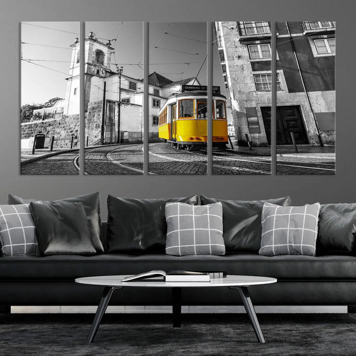 The *Yellow Lisbon Tram Canvas Wall Art Print*, a black and white photo, is displayed on a museum-quality canvas, all gallery wrapped for an elegant finish.