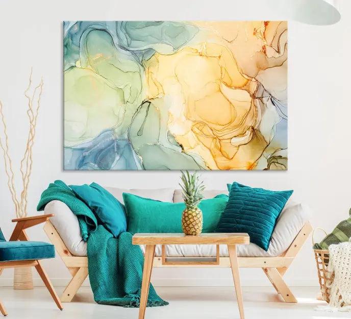 The "Yellow Marble Fluid Effect Wall Art Abstract Canvas Wall Art Print" features a blend of muted greens, blues, and yellows. This artwork is crafted on museum-quality canvases to ensure lasting beauty.